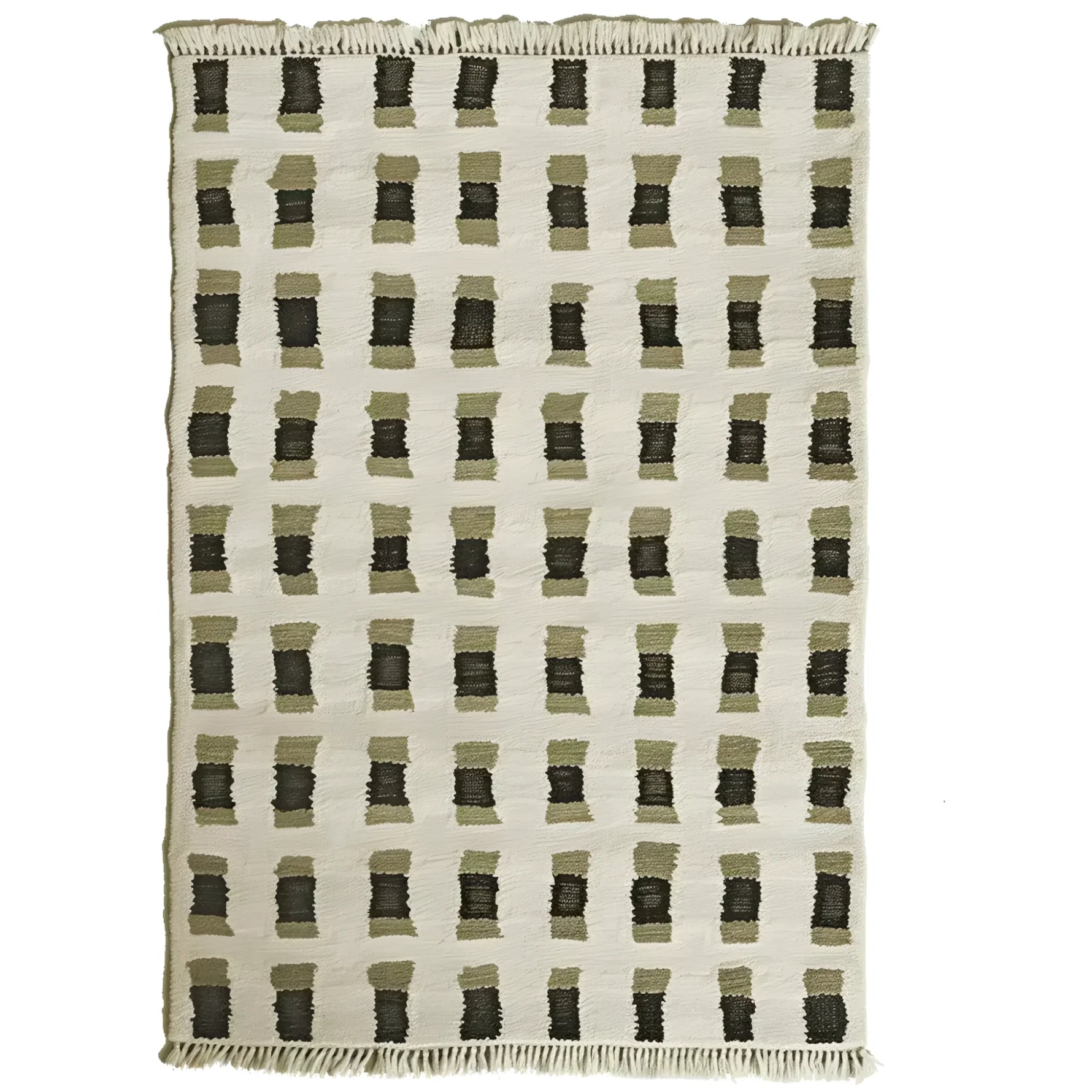 Top view of a contemporary hand-knotted wool area rug featuring a muted geometric pattern, ideal for adding a stylish touch to living room decor.