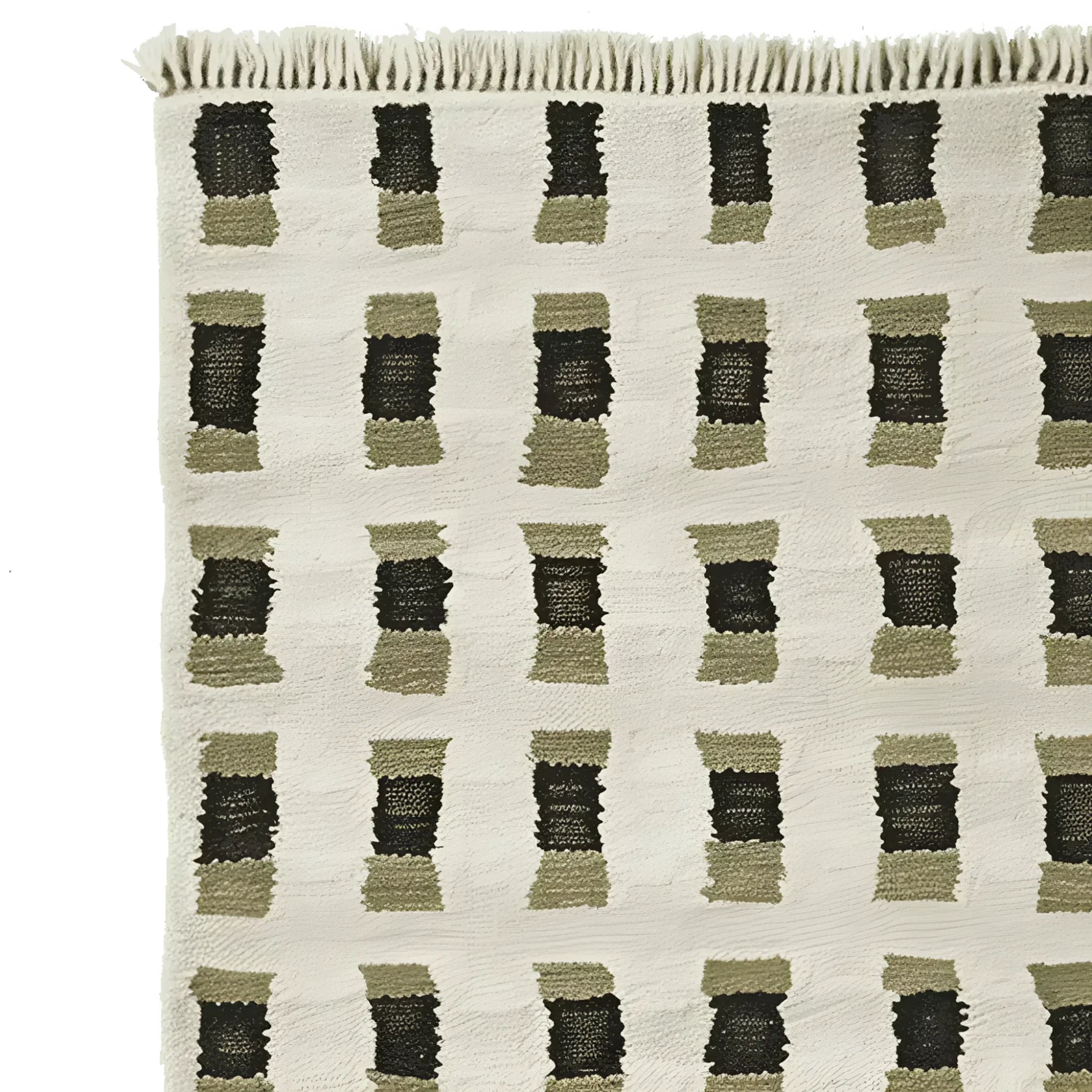 Close-up view of a contemporary hand-knotted wool rug with a geometric pattern, perfect for enhancing living room area rugs. The design features a grid of black and olive rectangles on a neutral background, showcasing modern elegance in area rugs.