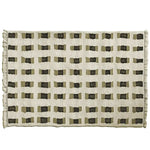 Top view of a contemporary wool area rug with a muted geometric pattern, perfect for living room decor. This hand-knotted rug features a series of olive and black rectangles on a cream background, offering a modern touch to any space.