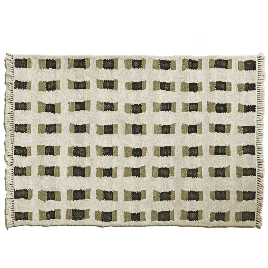 Top view of a contemporary wool area rug with a muted geometric pattern, perfect for living room decor. This hand-knotted rug features a series of olive and black rectangles on a cream background, offering a modern touch to any space.