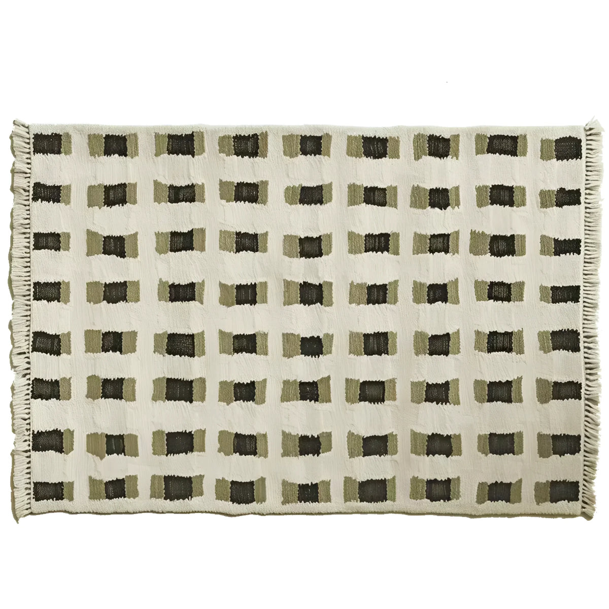Top view of a contemporary wool area rug with a muted geometric pattern, perfect for living room decor. This hand-knotted rug features a series of olive and black rectangles on a cream background, offering a modern touch to any space.