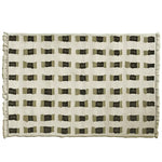 Top view of a contemporary wool area rug with a muted geometric pattern, perfect for living room decor. This hand-knotted rug features a series of olive and black rectangles on a cream background, offering a modern touch to any space.