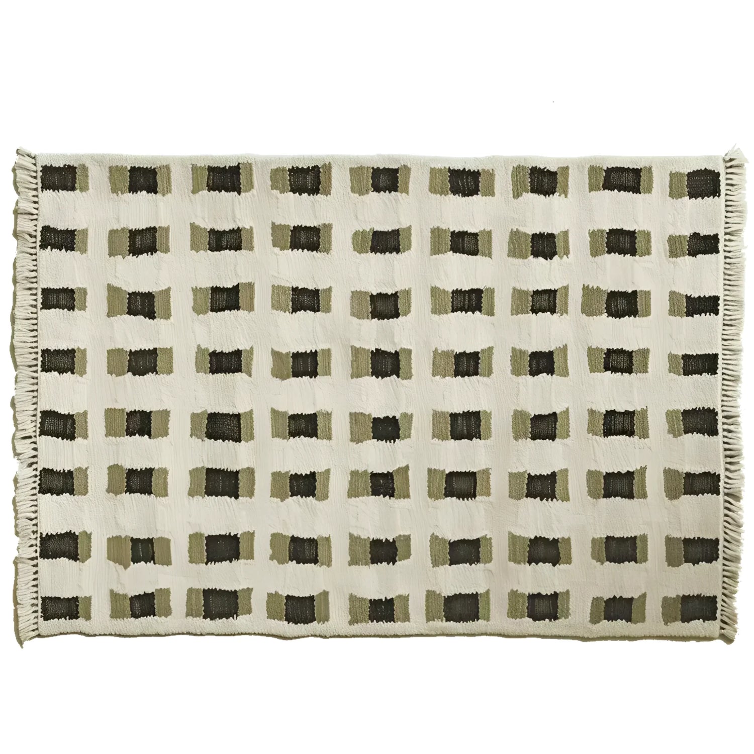 Top view of a contemporary wool area rug with a muted geometric pattern, perfect for living room decor. This hand-knotted rug features a series of olive and black rectangles on a cream background, offering a modern touch to any space.