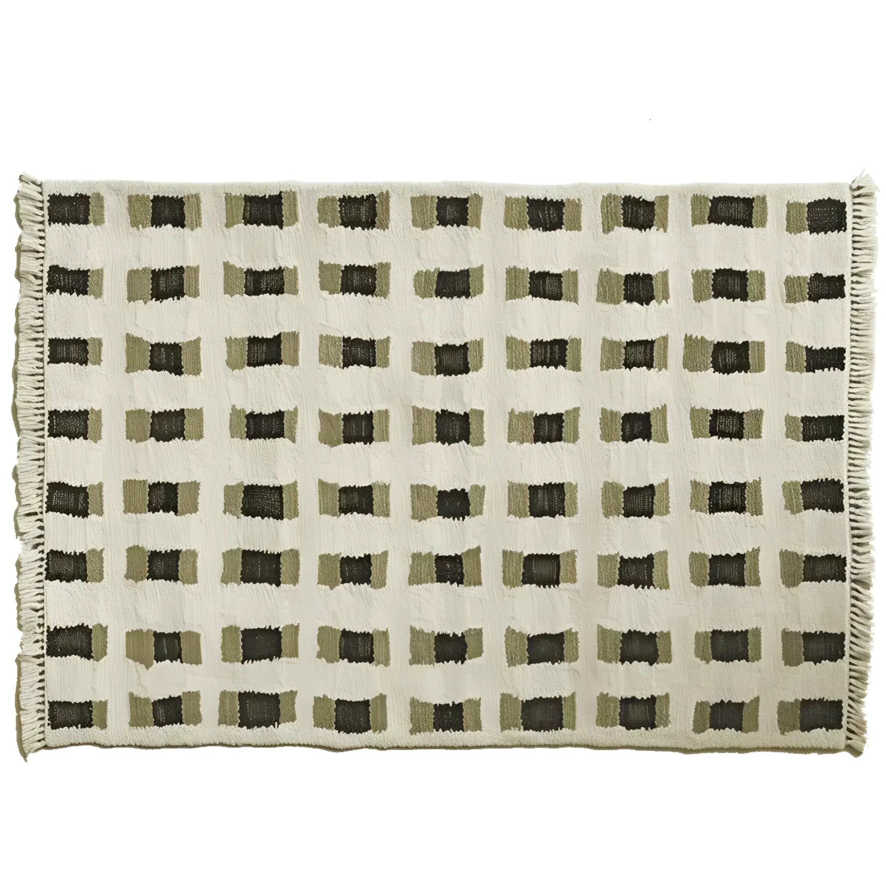 Top view of a contemporary wool area rug with a muted geometric pattern, perfect for living room decor. This hand-knotted rug features a series of olive and black rectangles on a cream background, offering a modern touch to any space.