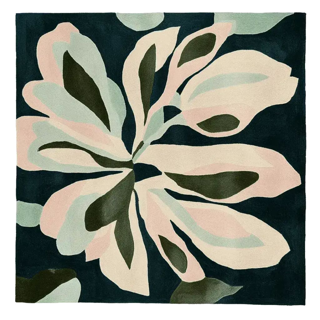 Top view of the 'Muted Petal Dance Hand Tufted Rug', a contemporary square area rug perfect for living rooms. This wool rug features a delicate floral pattern in soft, muted colors, blending seamlessly into modern interiors.