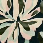 A close-up view of the Muted Petal Dance Hand Tufted Area Rug, showcasing its contemporary abstract floral design in soft pastel shades. This square wool rug is perfect for adding a modern touch to any living room space.