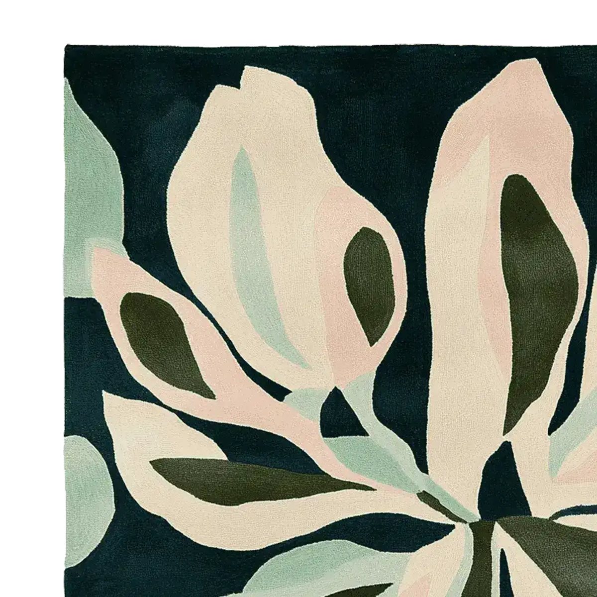 Top view of the Muted Petal Dance Hand Tufted Rug showcasing a contemporary design with abstract floral patterns in soft hues against a dark background. This square area rug is perfect for adding a modern touch to living rooms. Made from high-quality wool, it offers both style and durability, making it an excellent choice for area rugs in living spaces.