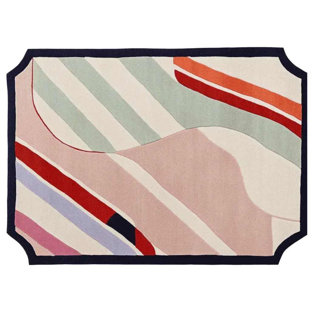 Top view of a contemporary area rug with abstract patterns in muted colors, ideal for large living rooms. This wool rug features a mix of soft pastels and vibrant stripes, perfect for adding a modern touch to any space. The unique design makes it a standout choice among living room area rugs.