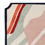 Close-up of the Muted Shape Play Hand Tufted Rug, showcasing its abstract design with soft pastel colors and bold stripes. This contemporary wool rug is perfect for adding a touch of elegance to large living room spaces. Ideal choice for those seeking modern living room area rugs.