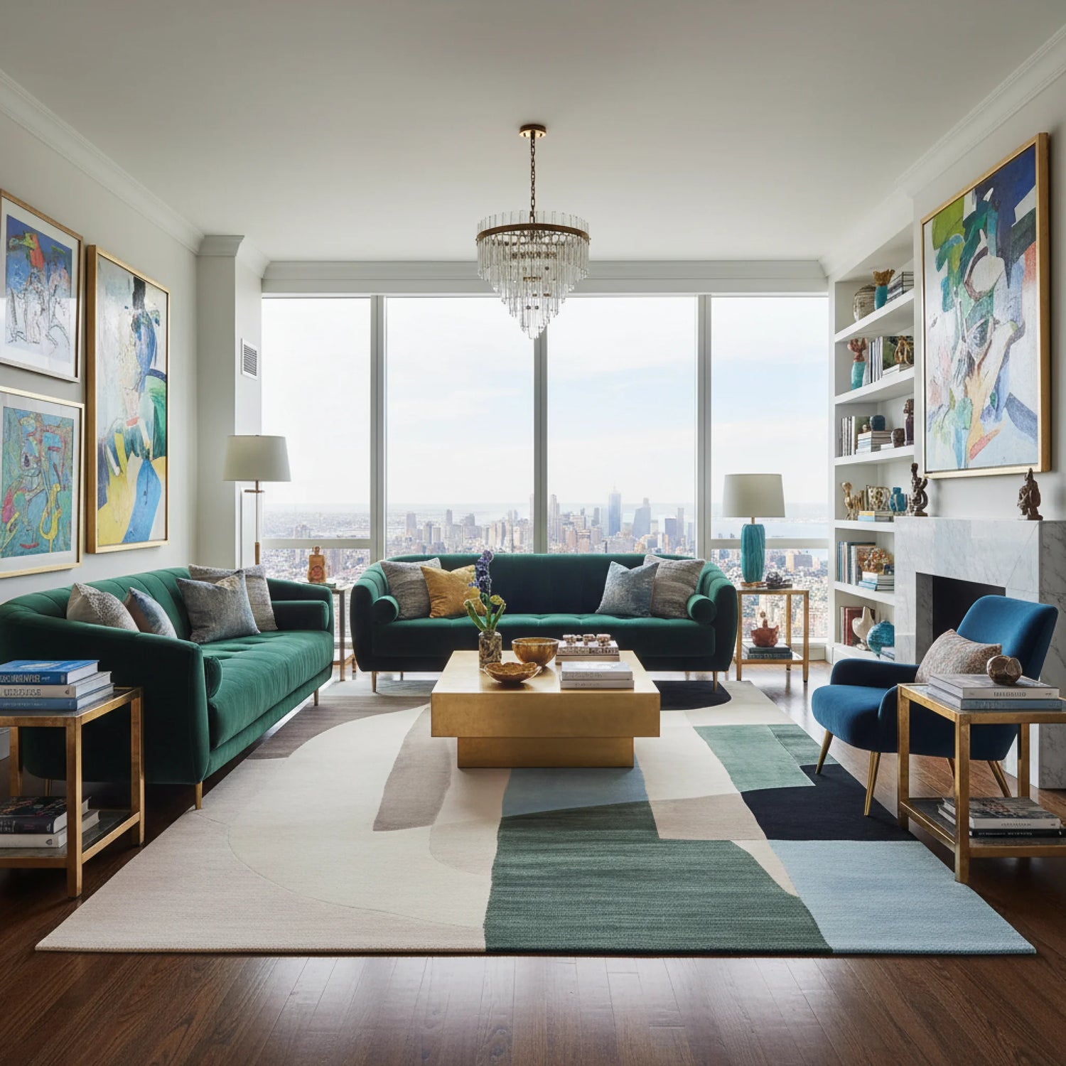 Modern living room with a contemporary green rug, green sofas, a coffee table, and cityscape view.