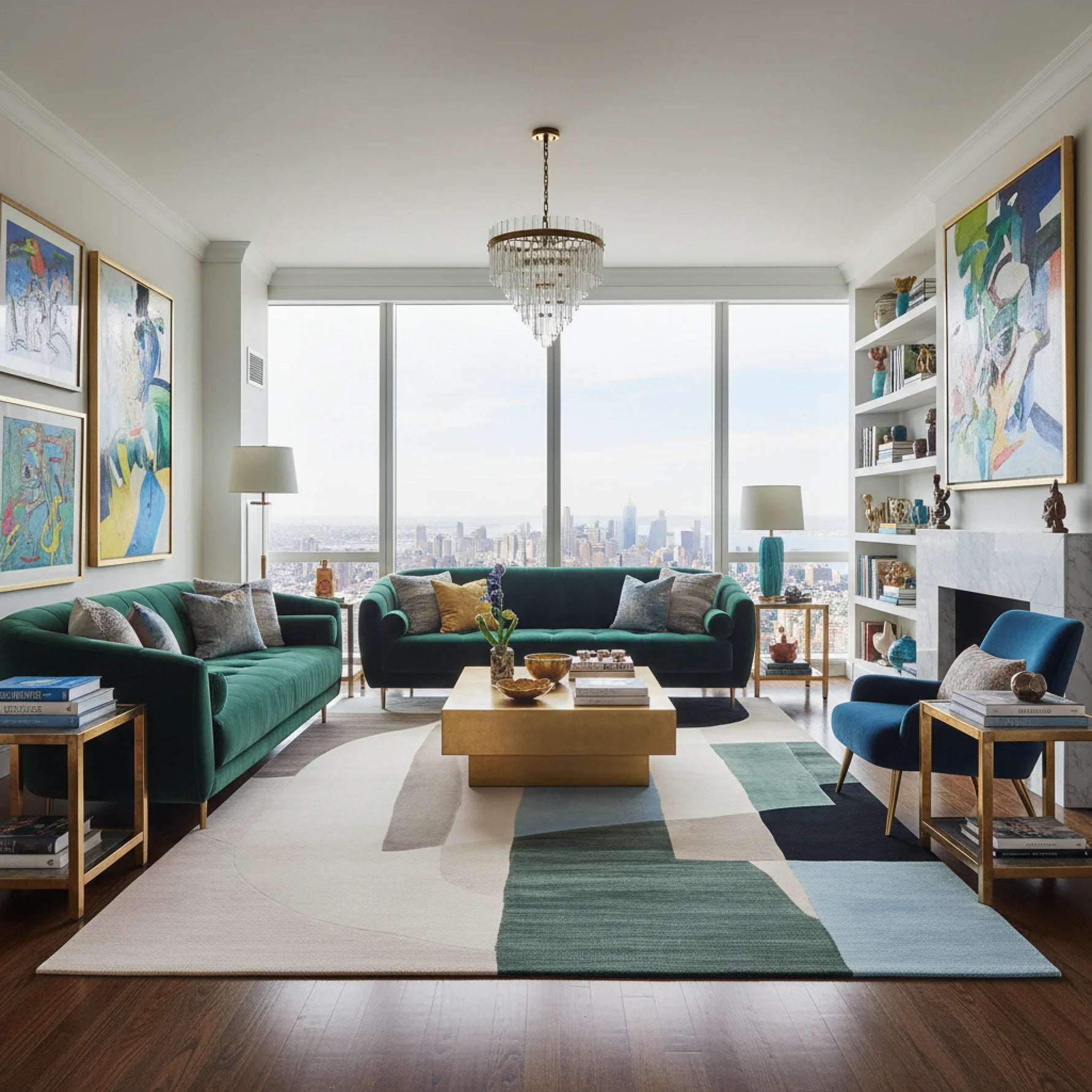 Modern living room with a contemporary green rug, green sofas, a coffee table, and cityscape view.