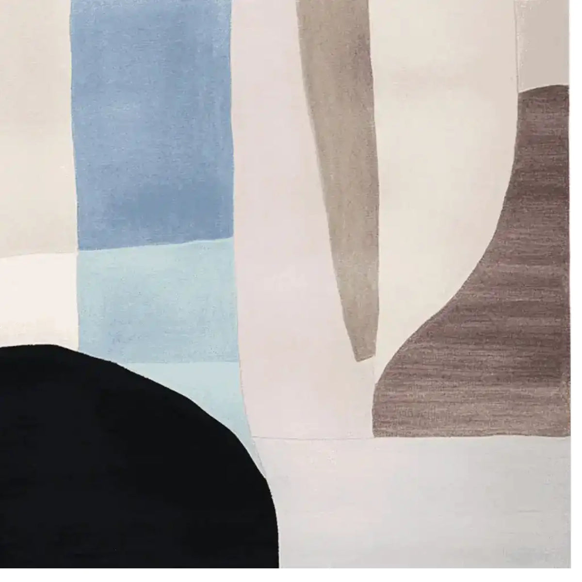 A contemporary area rug featuring an abstract design with muted colors, including shades of blue, beige, and brown. This wool rug is perfect for adding a touch of modern elegance to large living rooms.