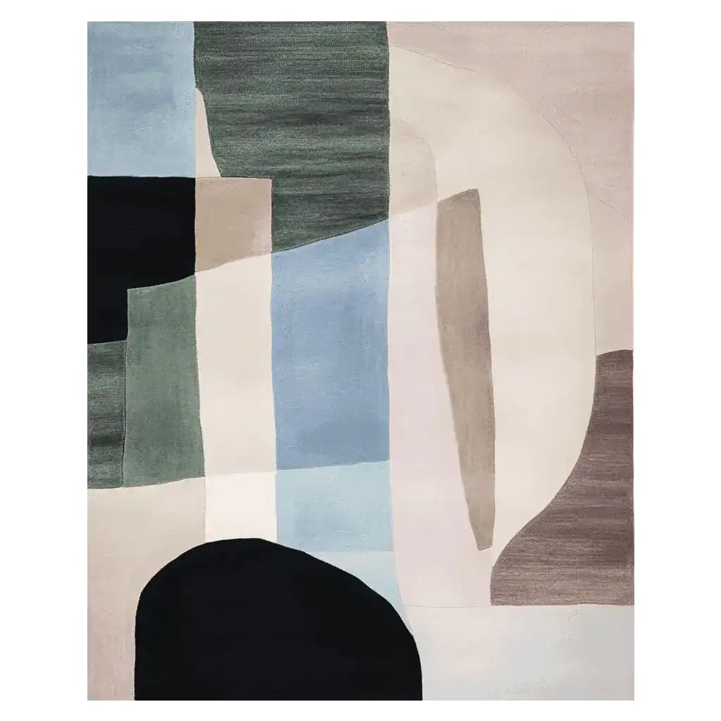 Explore the Muted Structure Harmony Hand Tufted Rug, a stunning area rug with a contemporary design featuring abstract shapes in shades of blue, green, and beige. This wool rug is perfect for adding a modern touch to your living room, offering both style and comfort as a large living room rug.