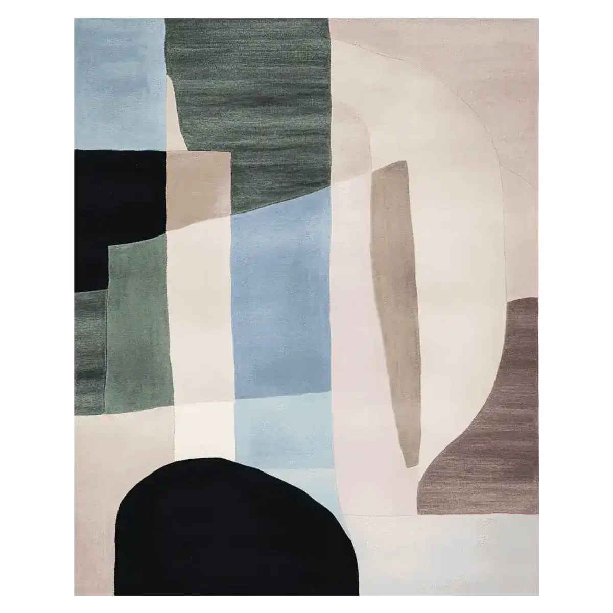 Explore the Muted Structure Harmony Hand Tufted Rug, a stunning area rug with a contemporary design featuring abstract shapes in shades of blue, green, and beige. This wool rug is perfect for adding a modern touch to your living room, offering both style and comfort as a large living room rug.