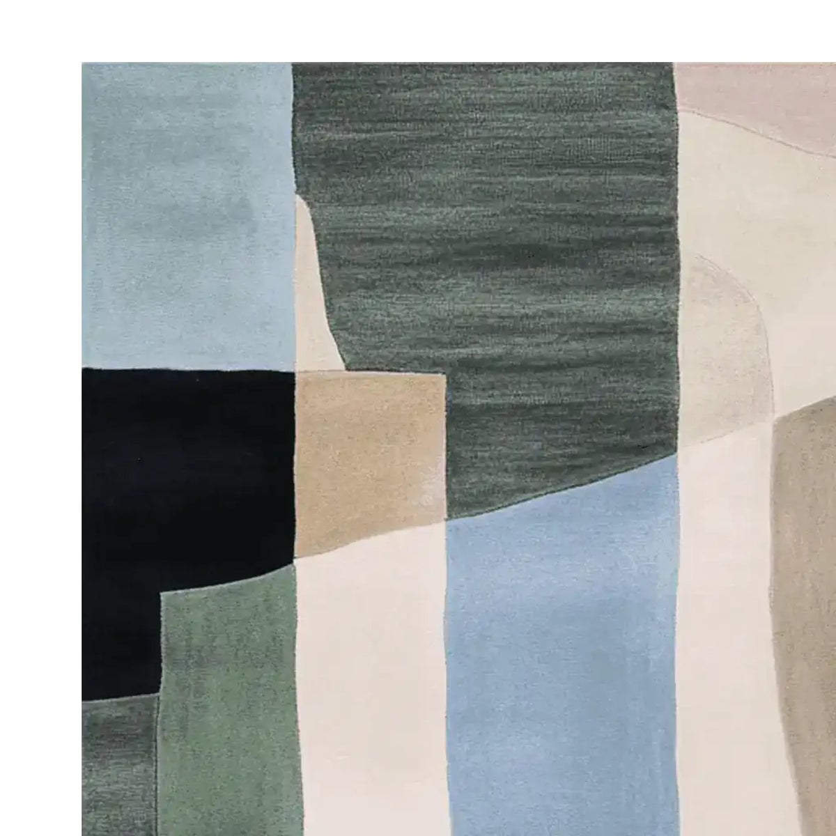 Top view of the Muted Structure Harmony Hand Tufted Area Rug showcasing its contemporary design with abstract geometric patterns. This wool rug features a soothing palette of blues, greens, and neutrals, perfect for adding elegance to any living room. Ideal for those seeking large living room rugs with a modern touch.