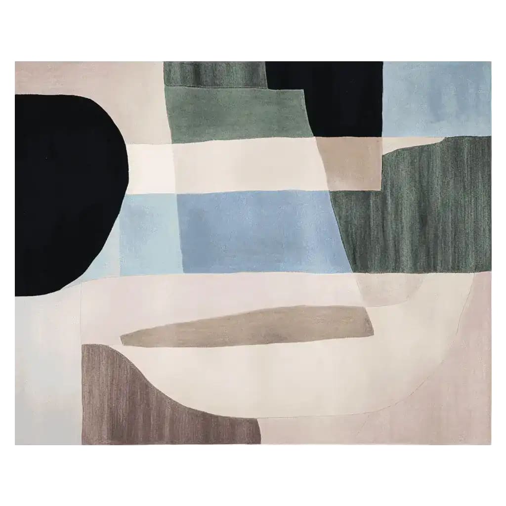 This contemporary area rug features an abstract design with muted tones of blue, green, beige, and black. Hand tufted from wool, it's a perfect choice for adding a modern touch to large living rooms.