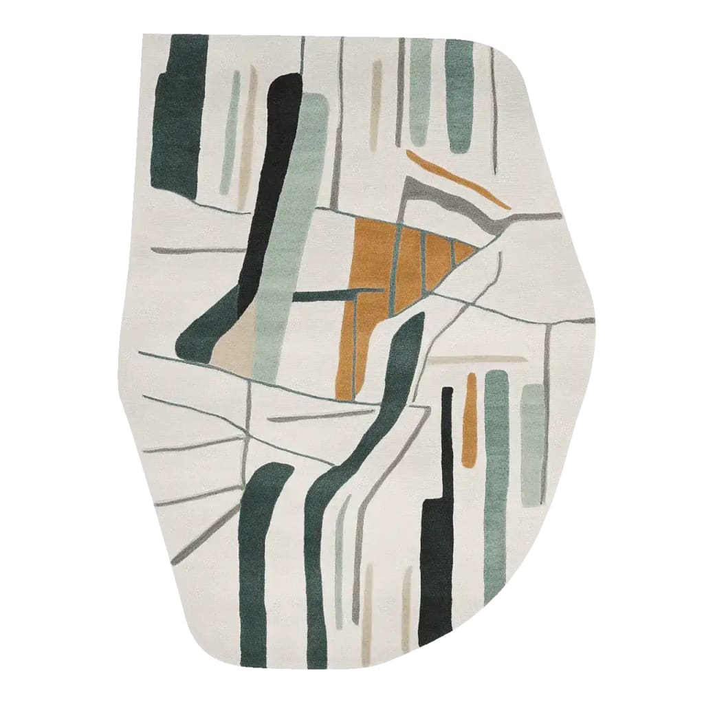 Contemporary area rug with an abstract design, featuring muted tones of green, orange, and black. This wool rug is perfect for adding a modern touch to large living rooms.