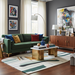 Modern living room with a green sofa, an abstract rug, abstract art, and decorative items.