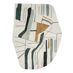 Contemporary area rug with an abstract design, featuring muted tones of green, orange, and black. This wool rug is perfect for adding a modern touch to large living rooms.