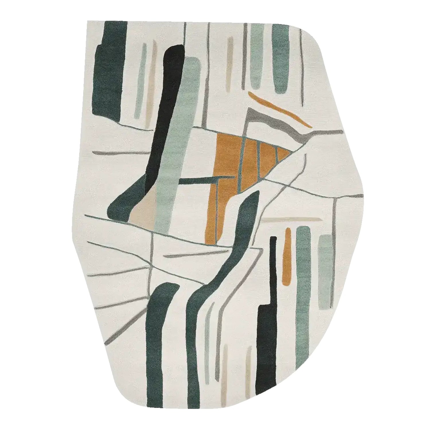 Contemporary area rug with an abstract design, featuring muted tones of green, orange, and black. This wool rug is perfect for adding a modern touch to large living rooms.