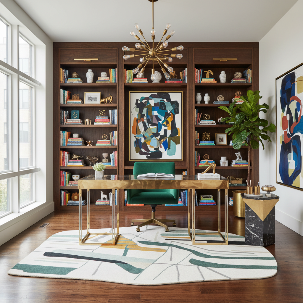 Modern home office with bookshelves, desk, and abstract rug.