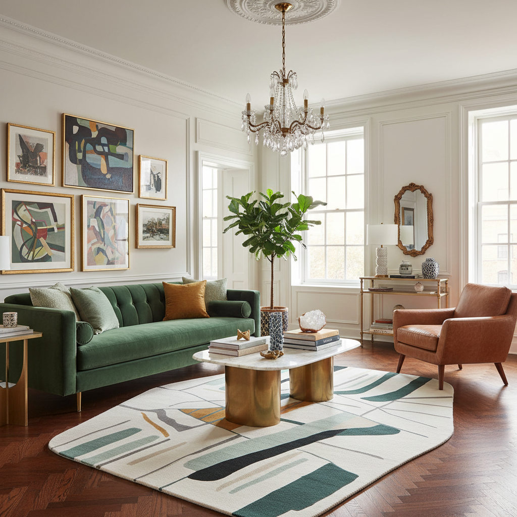 Modern living room with green sofa, brown armchair, and abstract rug.