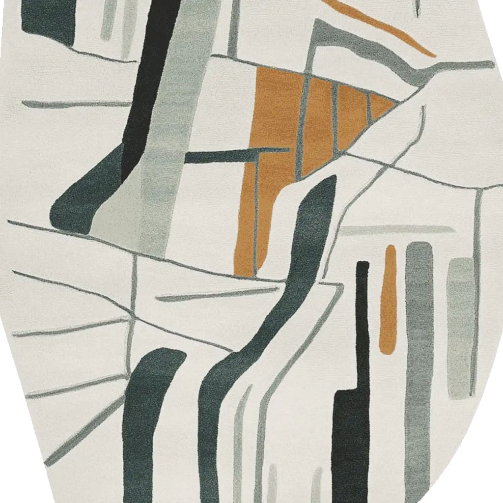 This image showcases a contemporary wool area rug featuring an abstract design with muted colors. Ideal for large living rooms, this hand-tufted rug combines tones of grey, black, and rust orange, creating a stylish and modern look perfect for any space.