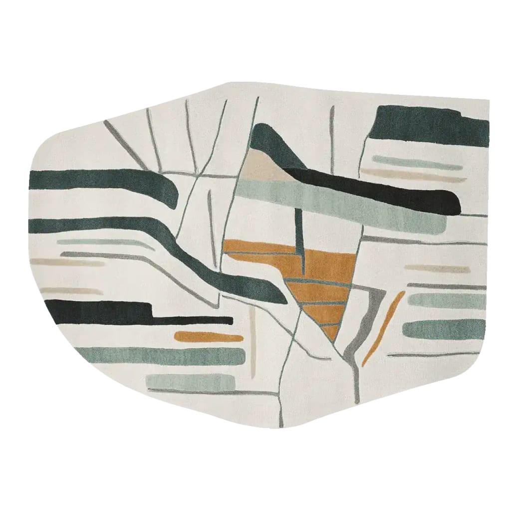 Top view of the Muted Thought Pattern Hand Tufted Rug showcasing its abstract design. This contemporary area rug features a blend of green, beige, and orange hues, perfect as a wool rug for large living rooms.