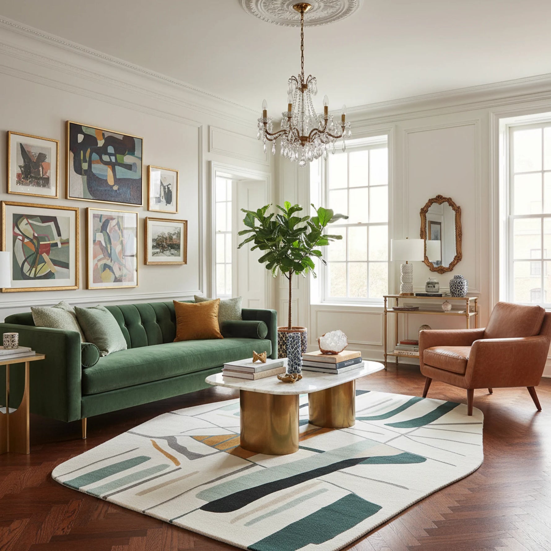 Modern living room with green sofa, brown armchair, and abstract rug.