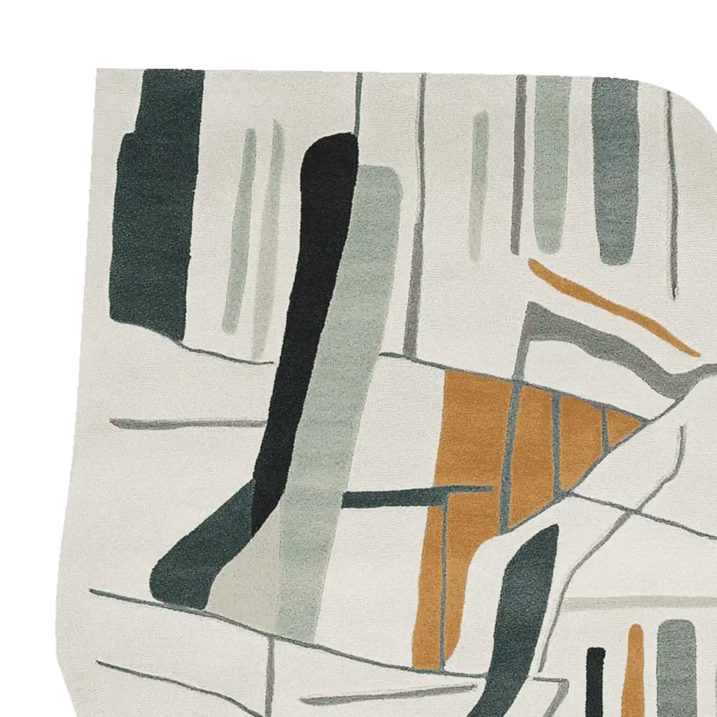 This is a contemporary area rug featuring an abstract design with muted tones of white, black, green, and orange. Perfect as a large wool rug for a modern living room, it adds a touch of elegance and style.