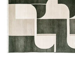 Top view of a contemporary wool rug with an abstract geometric pattern. This stylish area rug, perfect for living rooms, features bold, interlocking shapes in neutral tones, highlighting its modern aesthetic.