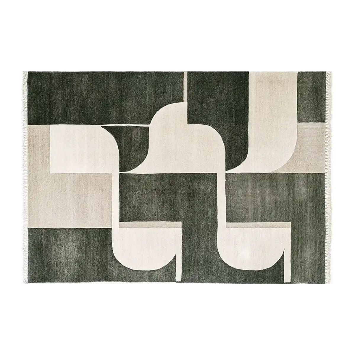 Stylish area rug featuring a contemporary abstract design with curved and geometric patterns in shades of black and cream. This wool rug is perfect for adding a modern touch to any living room.