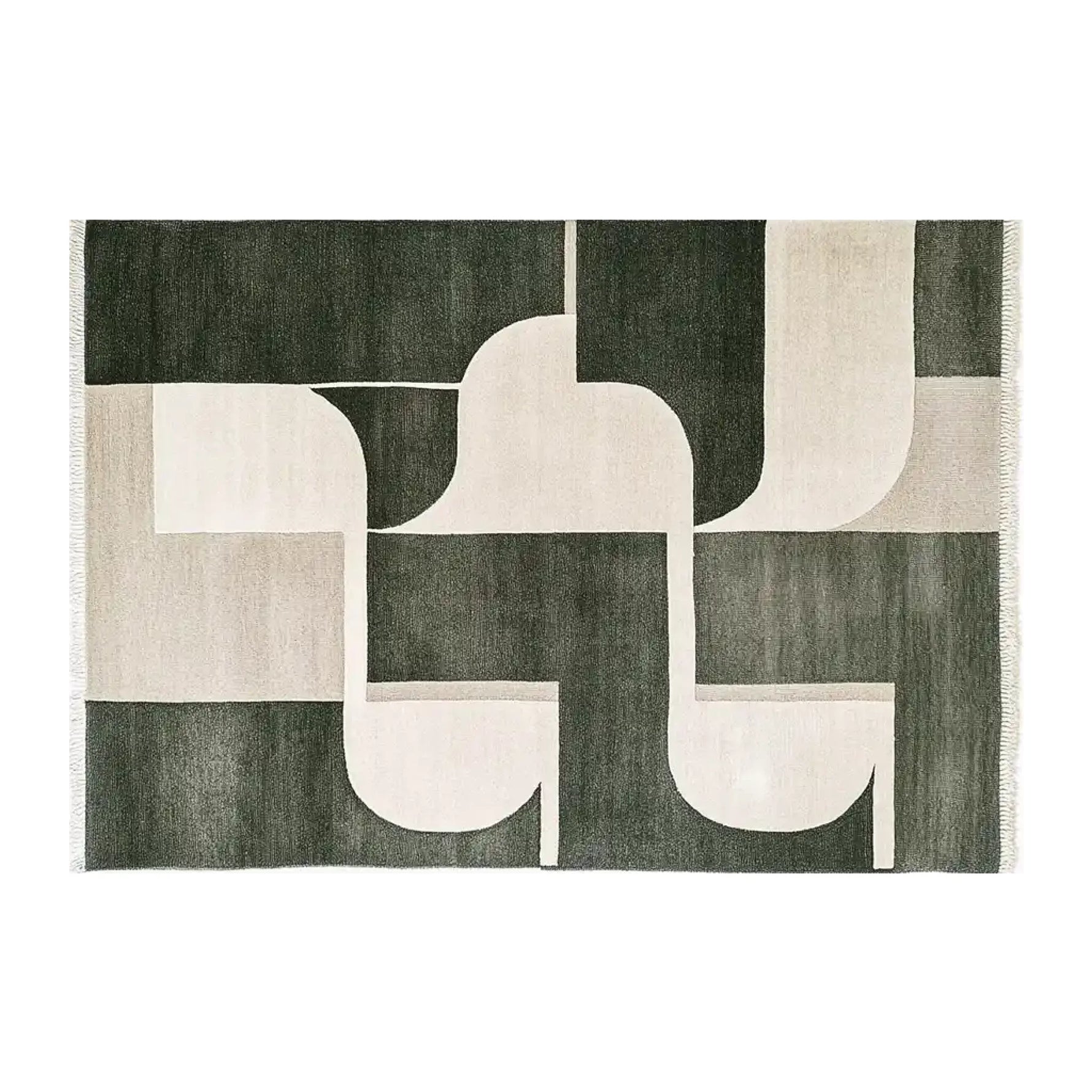 Stylish area rug featuring a contemporary abstract design with curved and geometric patterns in shades of black and cream. This wool rug is perfect for adding a modern touch to any living room.