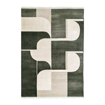 A contemporary wool area rug featuring an abstract geometric design in shades of dark green and beige. This stylish area rug is perfect for adding a modern touch to any living room.