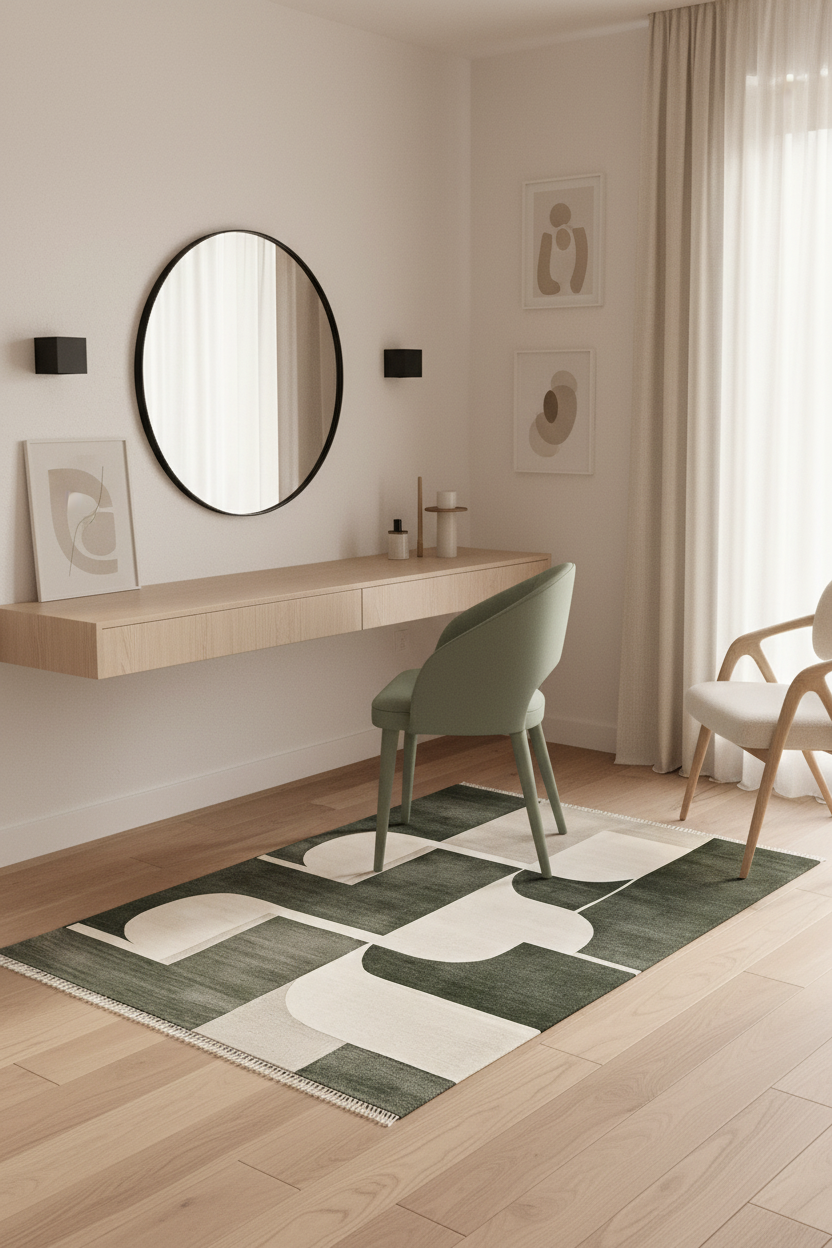 Modern interior with a round mirror, desk, and chairs on a patterned green rug.