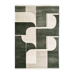 A contemporary wool area rug featuring an abstract geometric design in shades of dark green and beige. This stylish area rug is perfect for adding a modern touch to any living room.