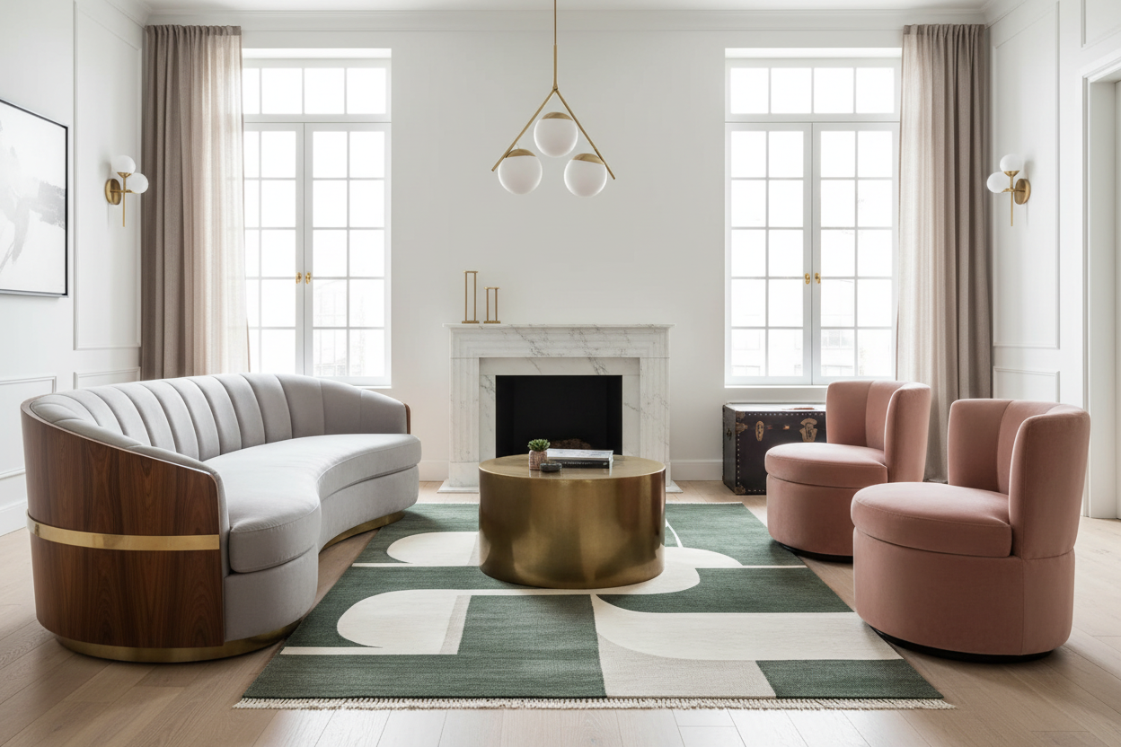 Modern living room with a green rug, curved sofa, round coffee table, and pink chairs.