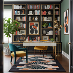 Modern home office with bookshelves, desk, and colorful rug.