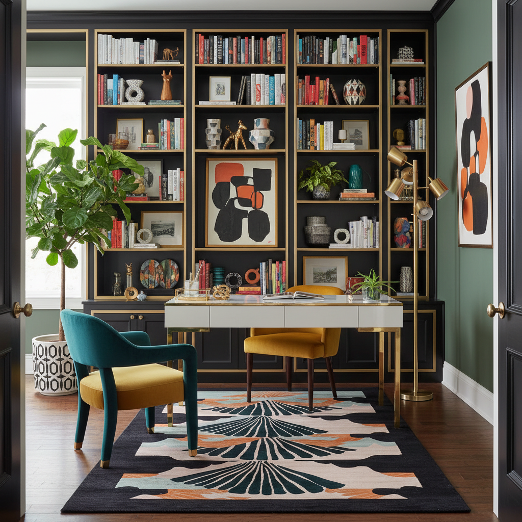 Modern home office with bookshelves, desk, and colorful rug.