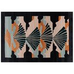 A beautifully designed area rug featuring a striking abstract pattern with fan-like shapes in earthy tones of orange, green, and beige on a black background. This wool rug adds a touch of elegance to any living space, making it perfect for large living room areas.