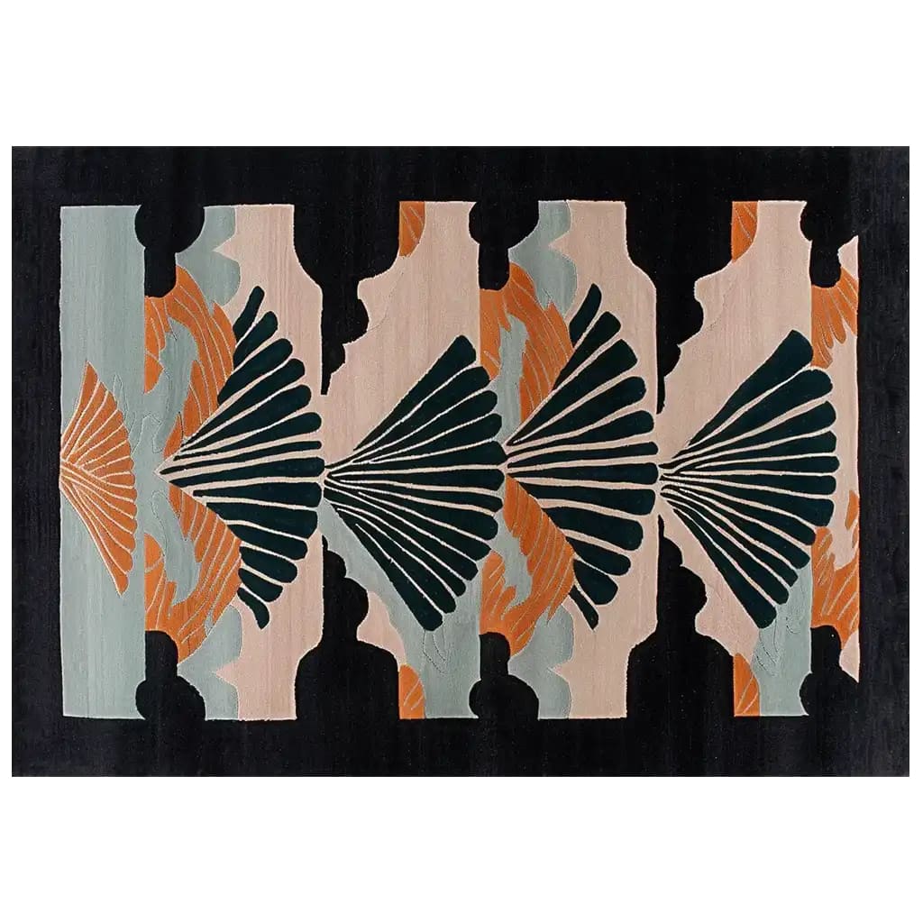 A beautifully designed area rug featuring a striking abstract pattern with fan-like shapes in earthy tones of orange, green, and beige on a black background. This wool rug adds a touch of elegance to any living space, making it perfect for large living room areas.