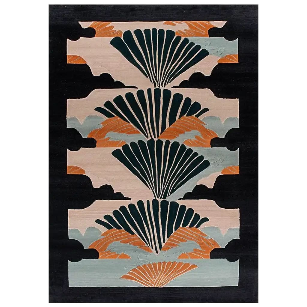 The Mystic Dragon Pavilion Hand Tufted Wool Rug showcases a striking abstract design with fan-like patterns in earthy tones of orange, green, and beige against a dark border. This area rug is perfect for adding a touch of elegance to large living rooms, providing both style and comfort with its high-quality wool construction.