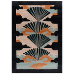 The Mystic Dragon Pavilion Hand Tufted Wool Rug showcases a striking abstract design with fan-like patterns in earthy tones of orange, green, and beige against a dark border. This area rug is perfect for adding a touch of elegance to large living rooms, providing both style and comfort with its high-quality wool construction.