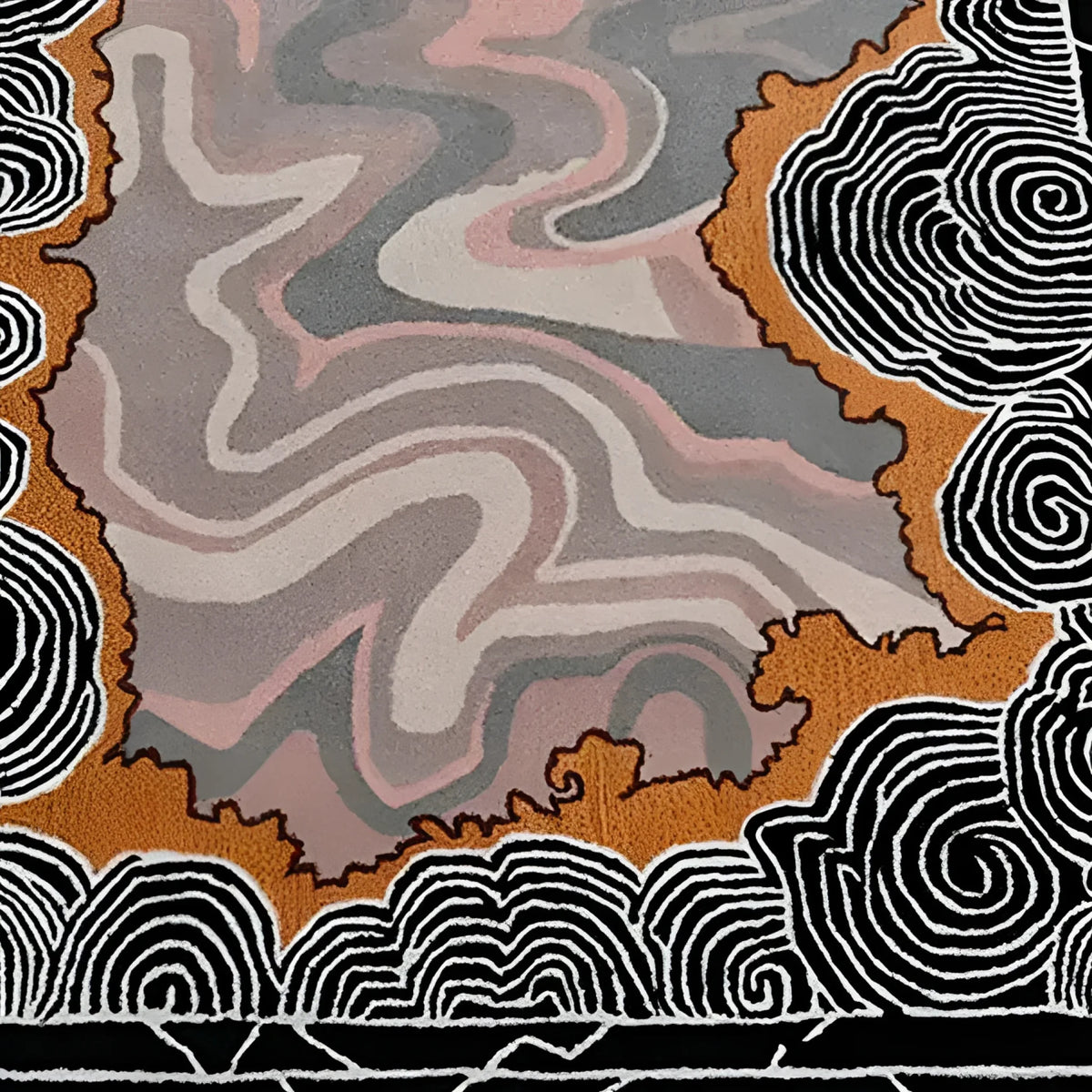 A vibrant area rug featuring an abstract design in shades of orange, pink, and grey. This hand-tufted wool rug is perfect for adding a splash of color to your bedroom or living room. The swirling patterns create a dynamic visual that complements contemporary decor.