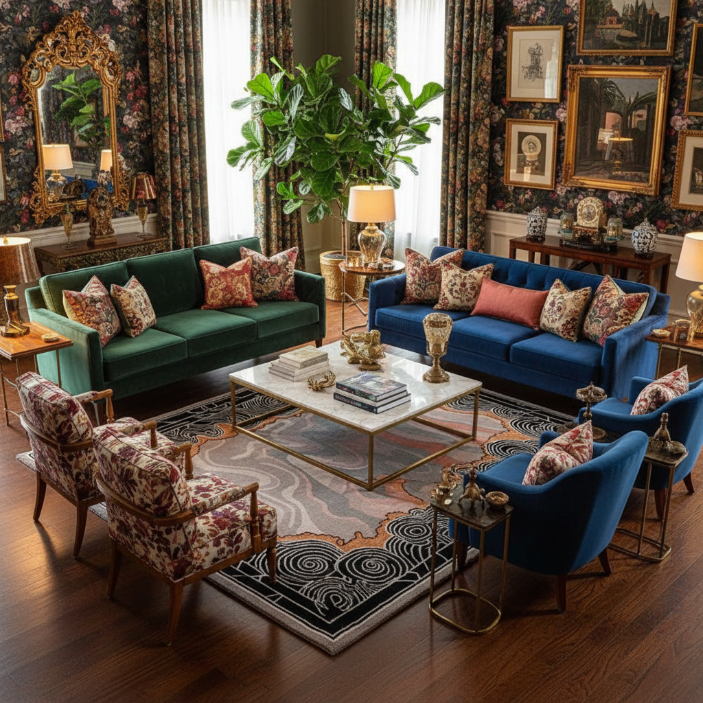 Luxurious living room with green and blue sofas, patterned armchairs, a contemporary wool rug, and decorative elements.