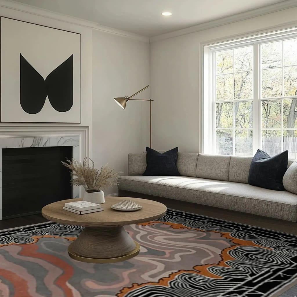 Close-up view of the Mystic Drift Hand Tufted Wool Rug, featuring an abstract swirl pattern in black, white, and orange. Ideal for adding a unique touch to your bedroom or living room, this area rug highlights the elegance of wool rugs.