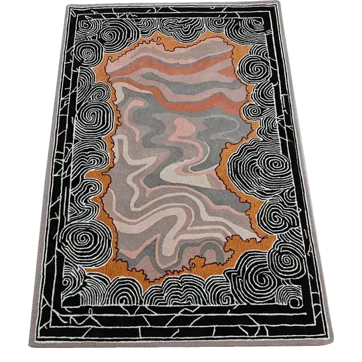 Stylish Mystic Drift Hand Tufted Wool Rug featuring an abstract design with swirling patterns in shades of orange, grey, and black. Perfect area rug for adding a modern touch to your bedroom or living room.