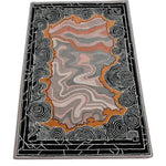 Stylish Mystic Drift Hand Tufted Wool Rug featuring an abstract design with swirling patterns in shades of orange, grey, and black. Perfect area rug for adding a modern touch to your bedroom or living room.