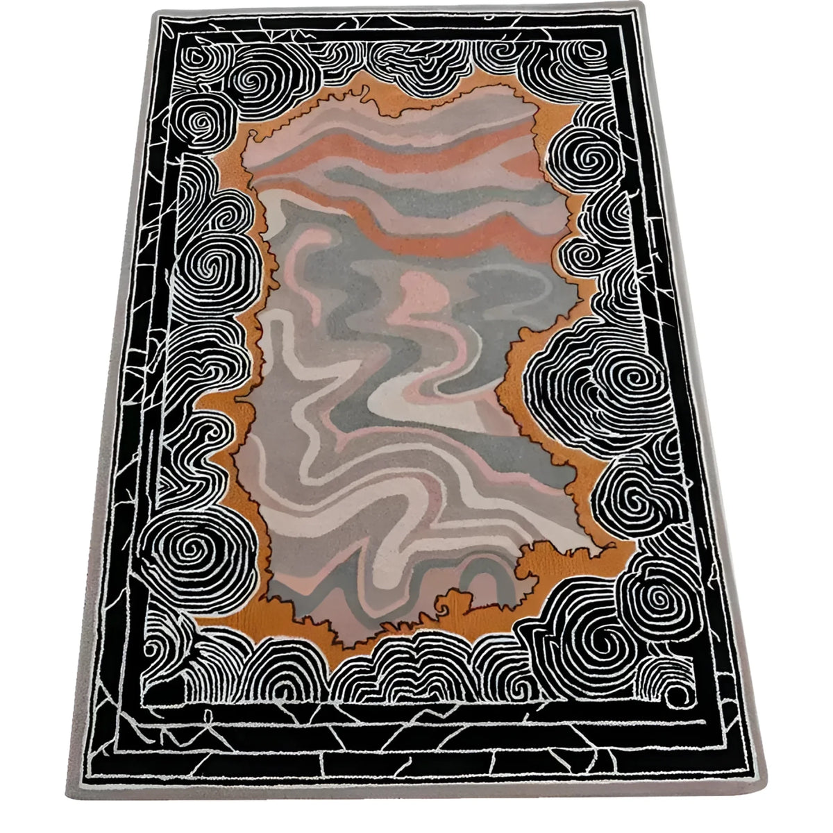 Stylish Mystic Drift Hand Tufted Wool Rug featuring an abstract design with swirling patterns in shades of orange, grey, and black. Perfect area rug for adding a modern touch to your bedroom or living room.
