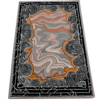 Stylish Mystic Drift Hand Tufted Wool Rug featuring an abstract design with swirling patterns in shades of orange, grey, and black. Perfect area rug for adding a modern touch to your bedroom or living room.